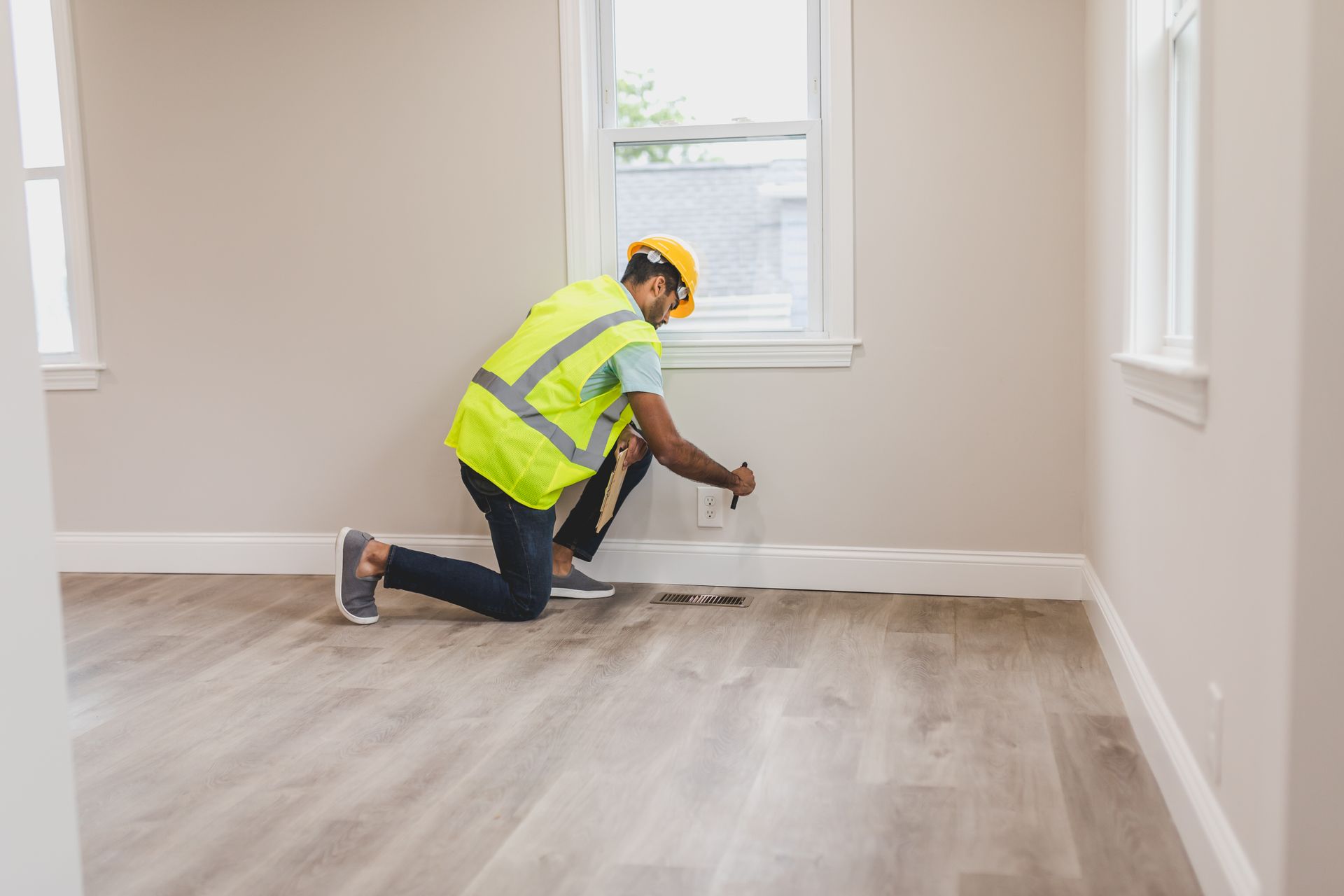 an insurance adjuster inspecting a floor register in a home, part of a property maintenance record